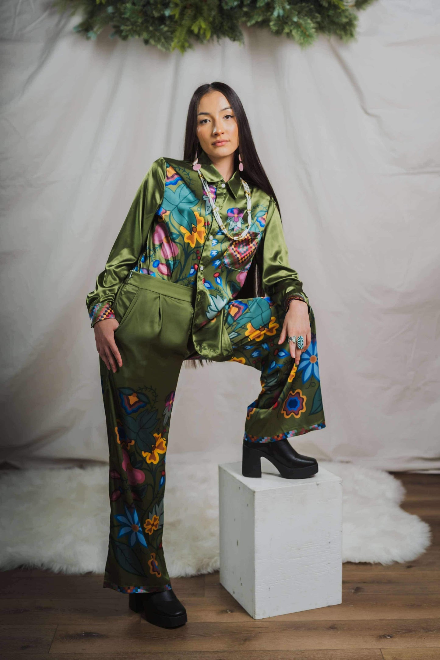 Olive Green Satin Button Up Top