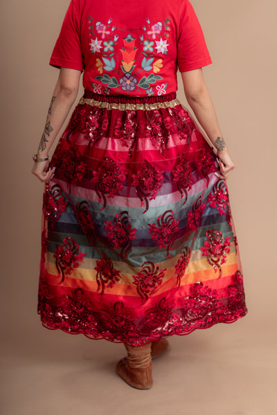 Red/Maroon Ribbon Skirt (Lace overlay)