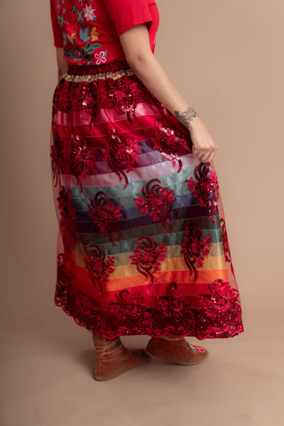 Red/Maroon Ribbon Skirt (Lace overlay)