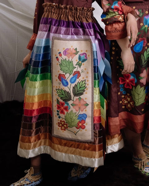 Mocha Ribbon Skirt With Velvet Floral Panel