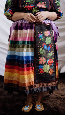 Black Ribbon Skirt With Velvet Floral Panel
